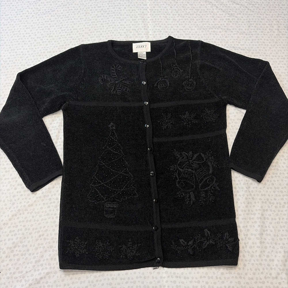 Vintage Jenny Knit Cardigan Black Holiday Embroidered Beaded Granny Size Small